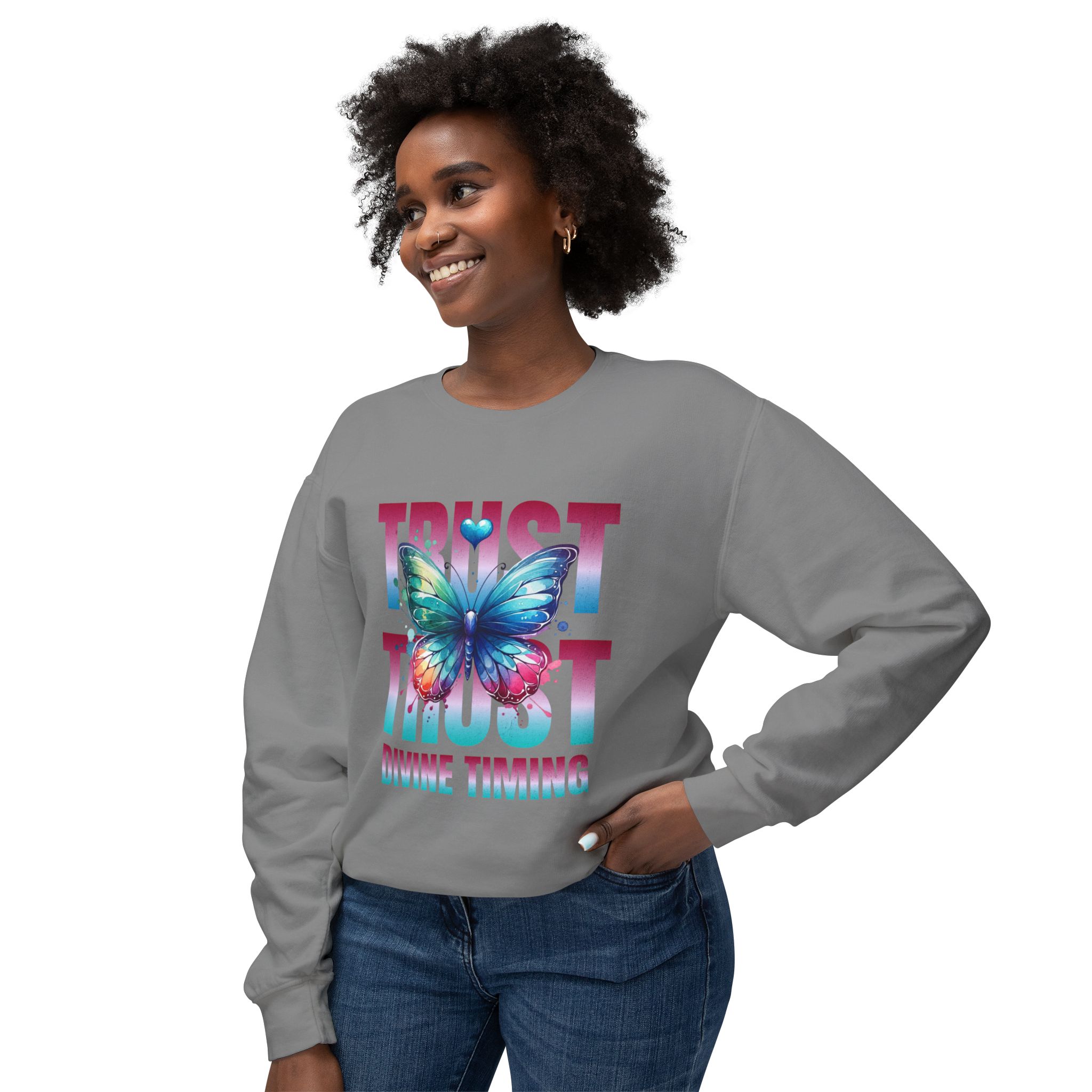 Trust Divine Timing Crewneck Sweatshirt — Butterfly Inspirational Graphic - Image 9