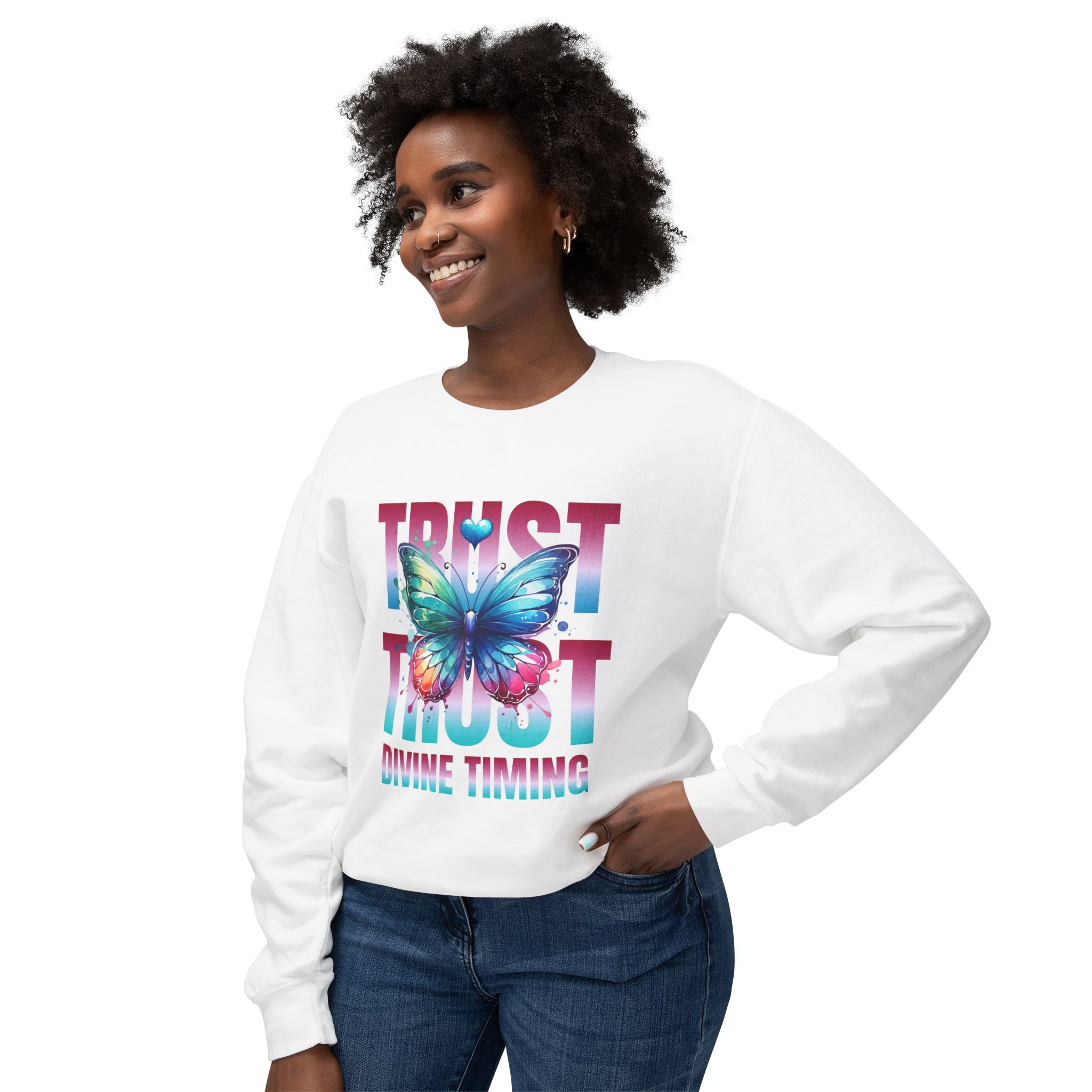 Trust Divine Timing Crewneck Sweatshirt — Butterfly Inspirational Graphic - Image 3