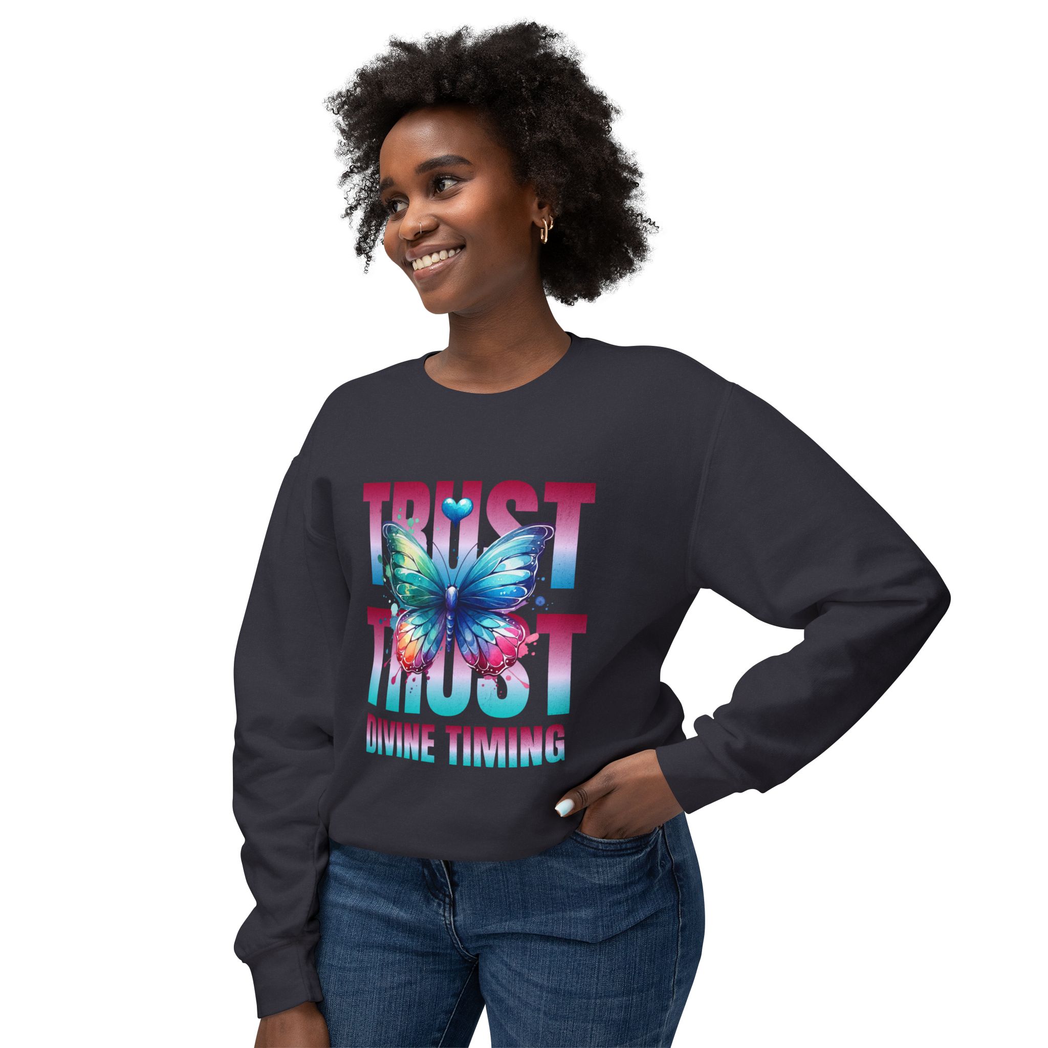 Trust Divine Timing Crewneck Sweatshirt — Butterfly Inspirational Graphic - Image 21
