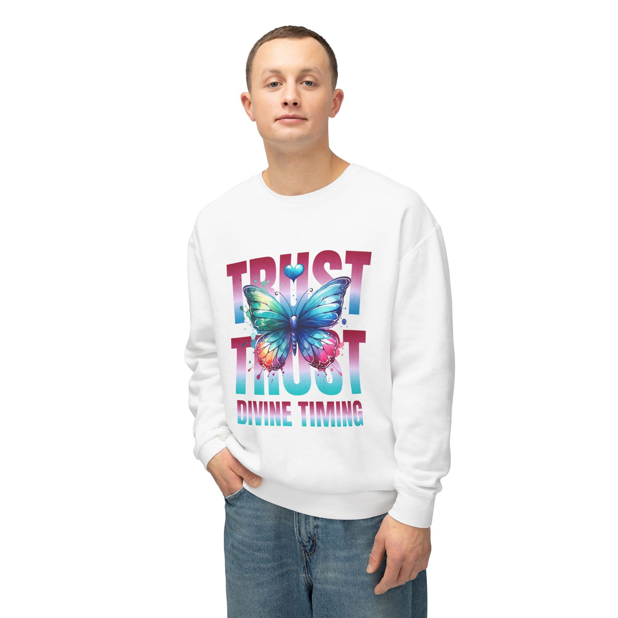 Trust Divine Timing Crewneck Sweatshirt — Butterfly Inspirational Graphic - Image 5