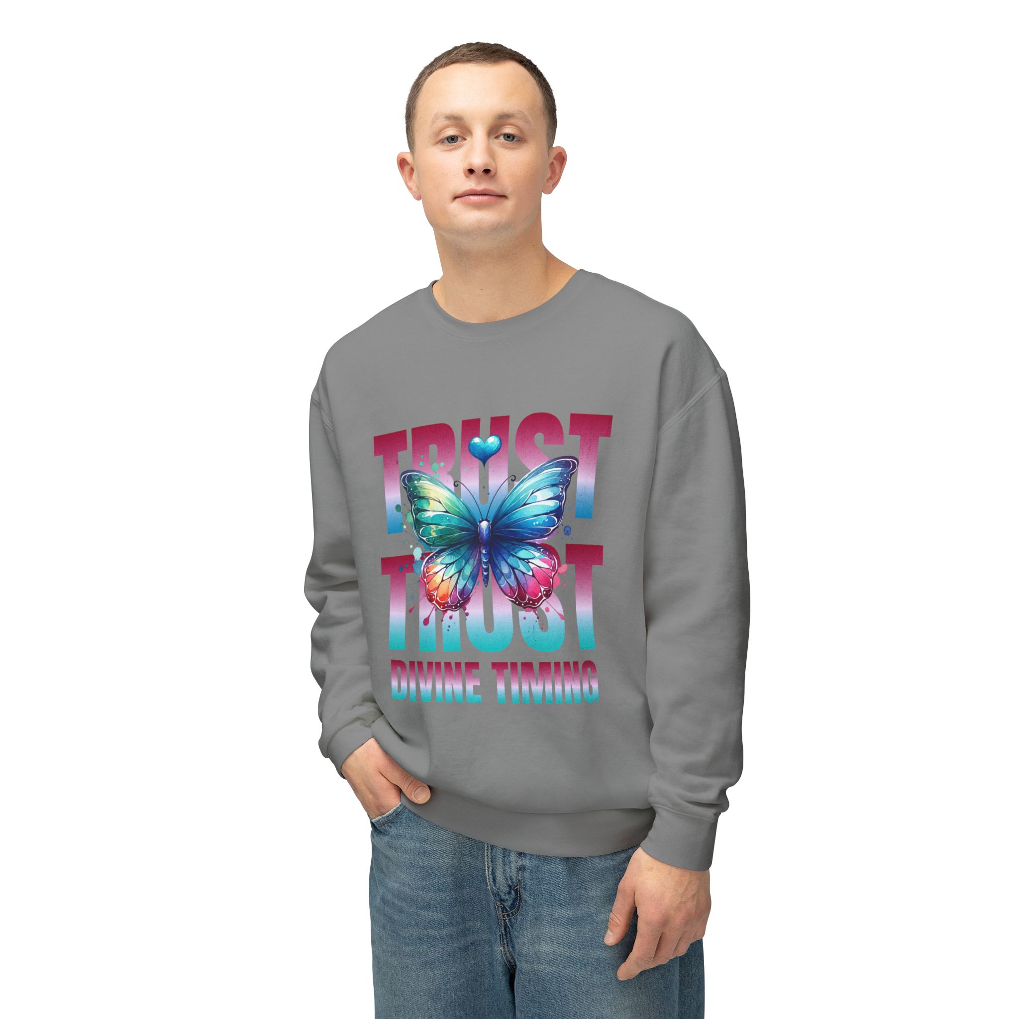 Trust Divine Timing Crewneck Sweatshirt — Butterfly Inspirational Graphic - Image 11