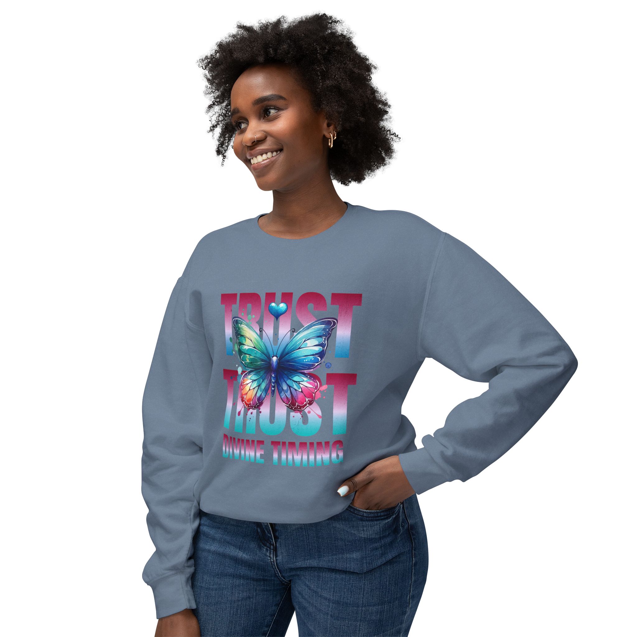 Trust Divine Timing Crewneck Sweatshirt — Butterfly Inspirational Graphic - Image 15