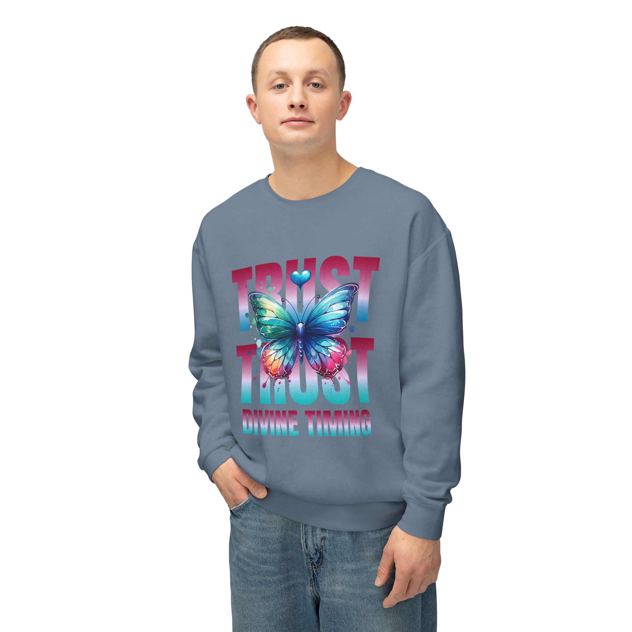 Trust Divine Timing Crewneck Sweatshirt — Butterfly Inspirational Graphic - Image 17